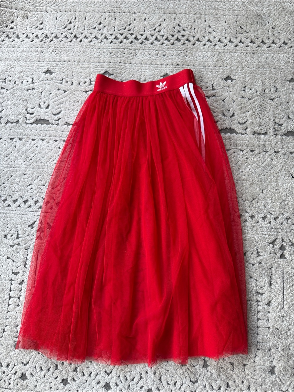 adidas Red Tulle Maxi Skirt with White Stripe